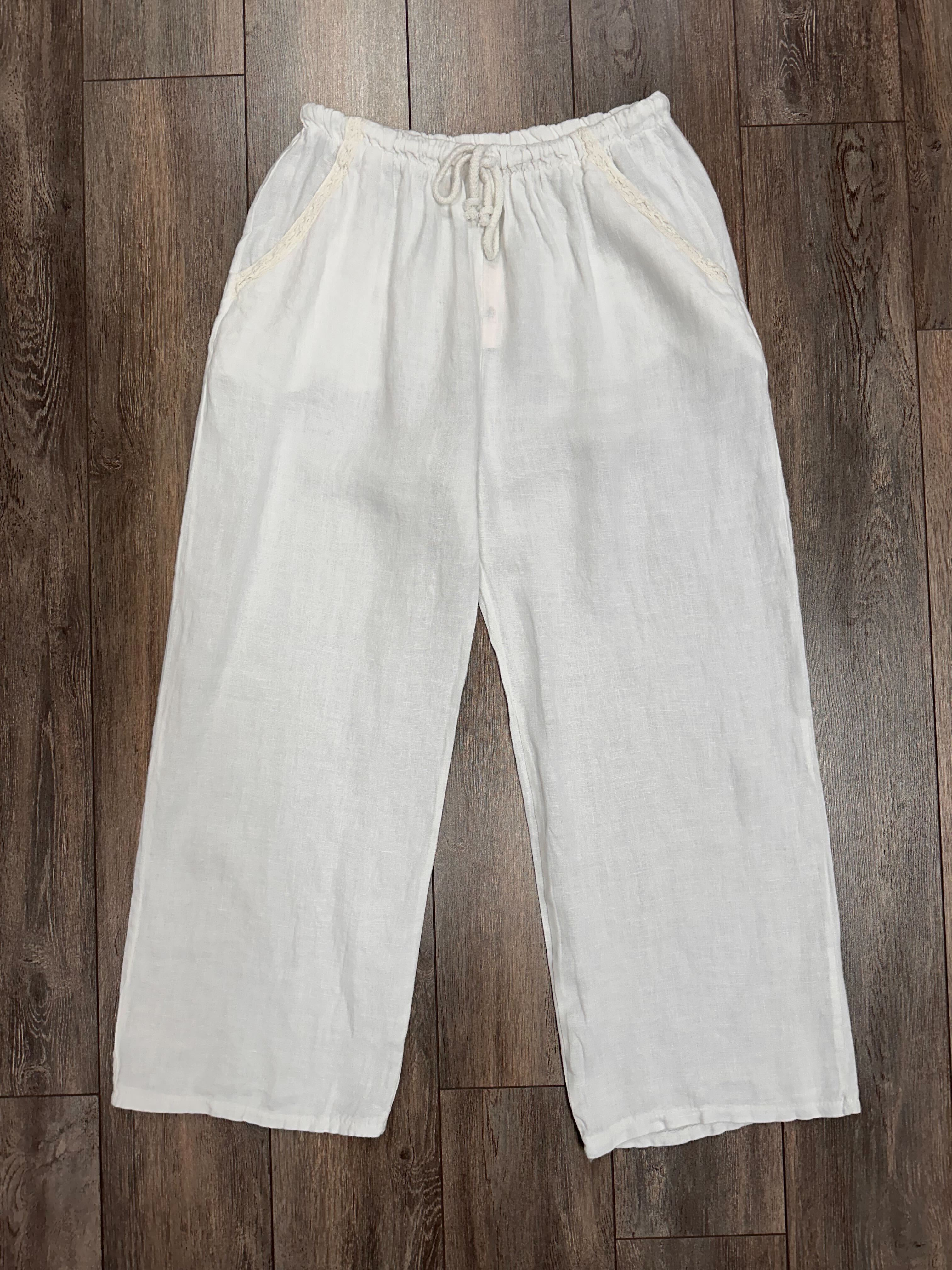 pantalon en lin rebord de poches brodées