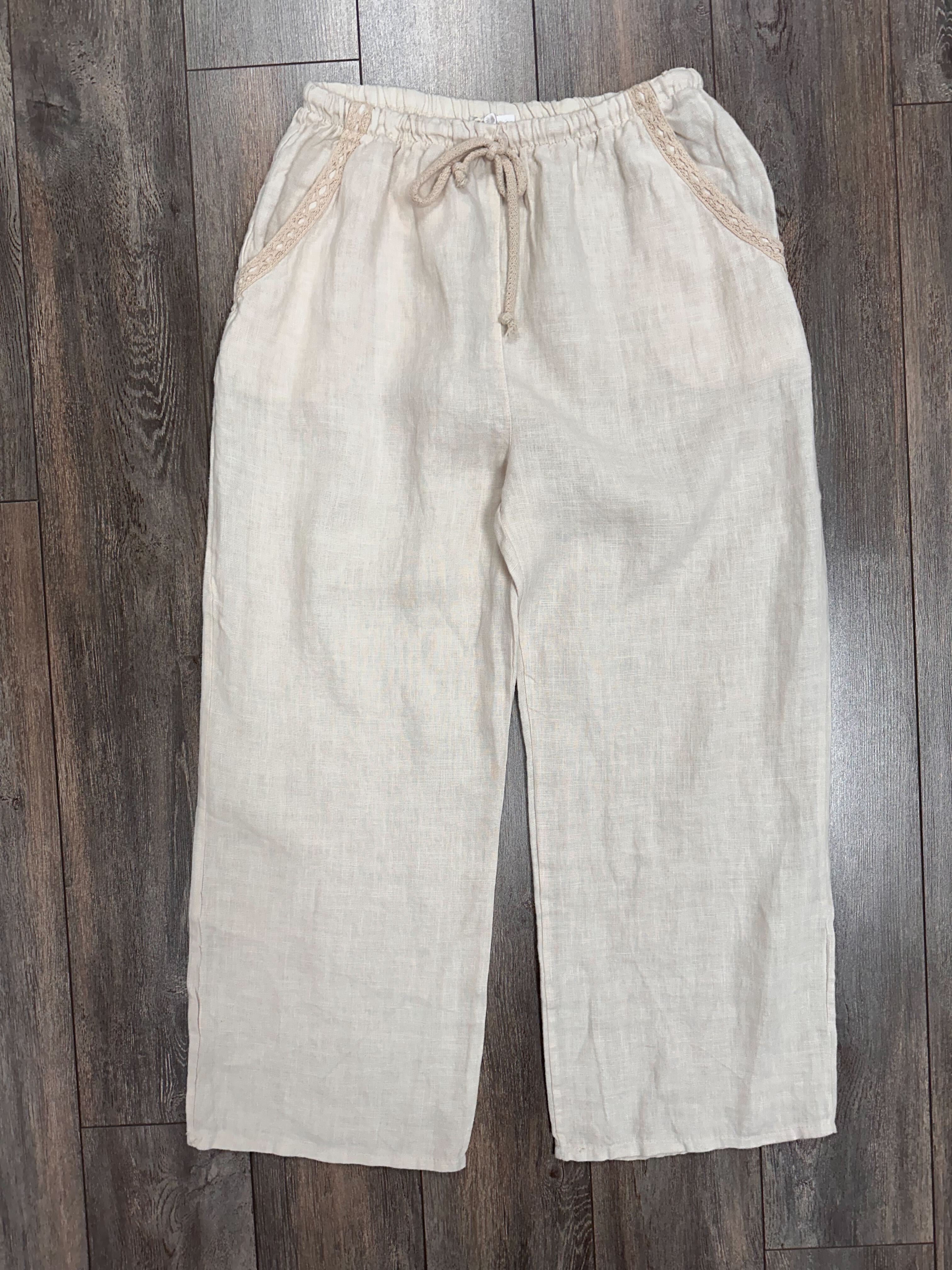 pantalon en lin rebord de poches brodées