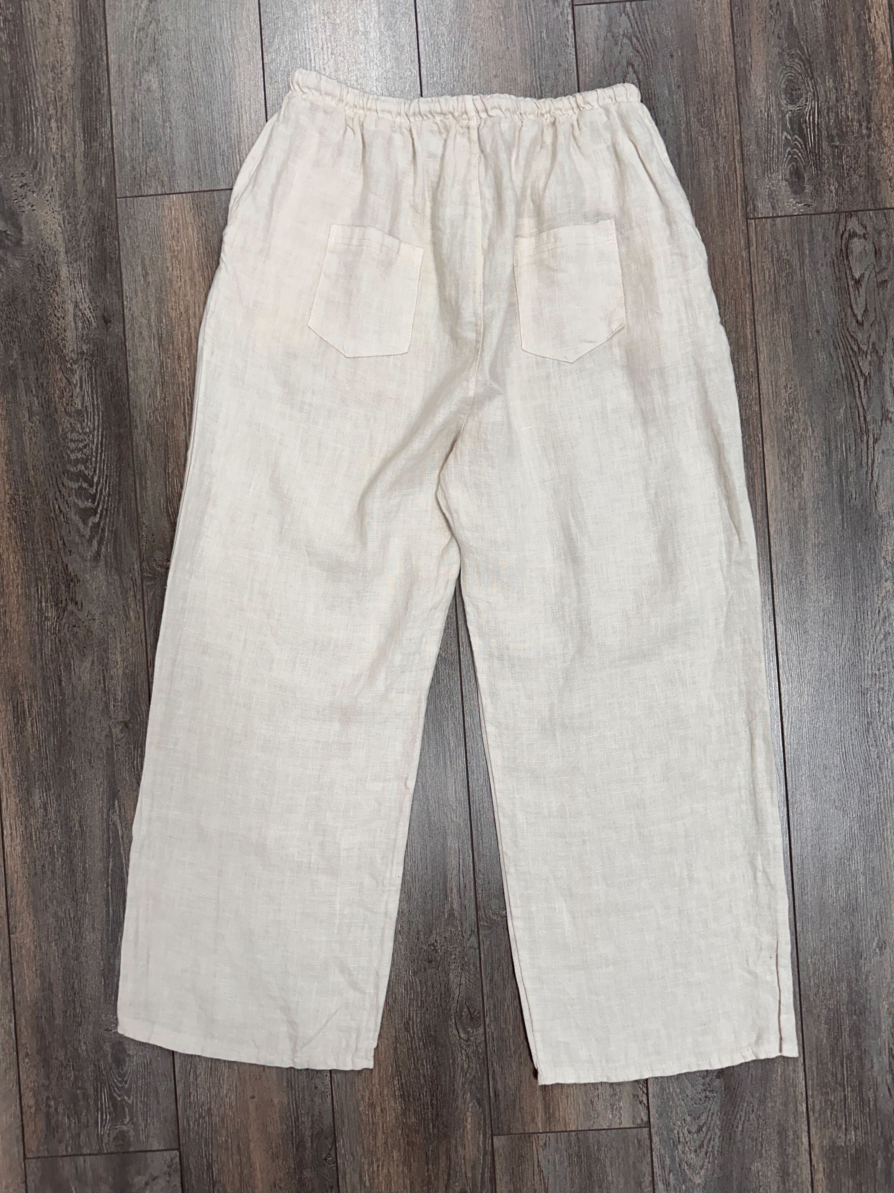 pantalon en lin rebord de poches brodées