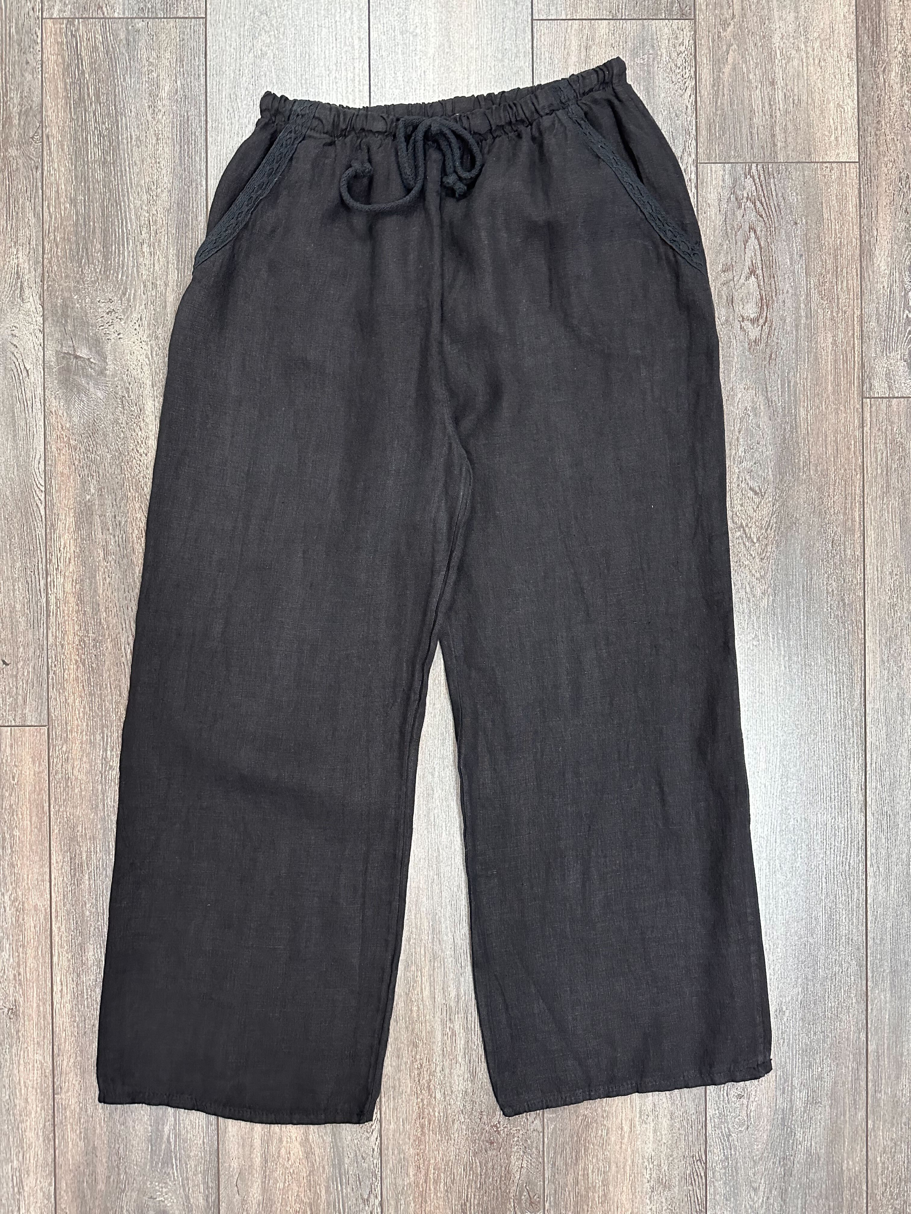 pantalon en lin rebord de poches brodées