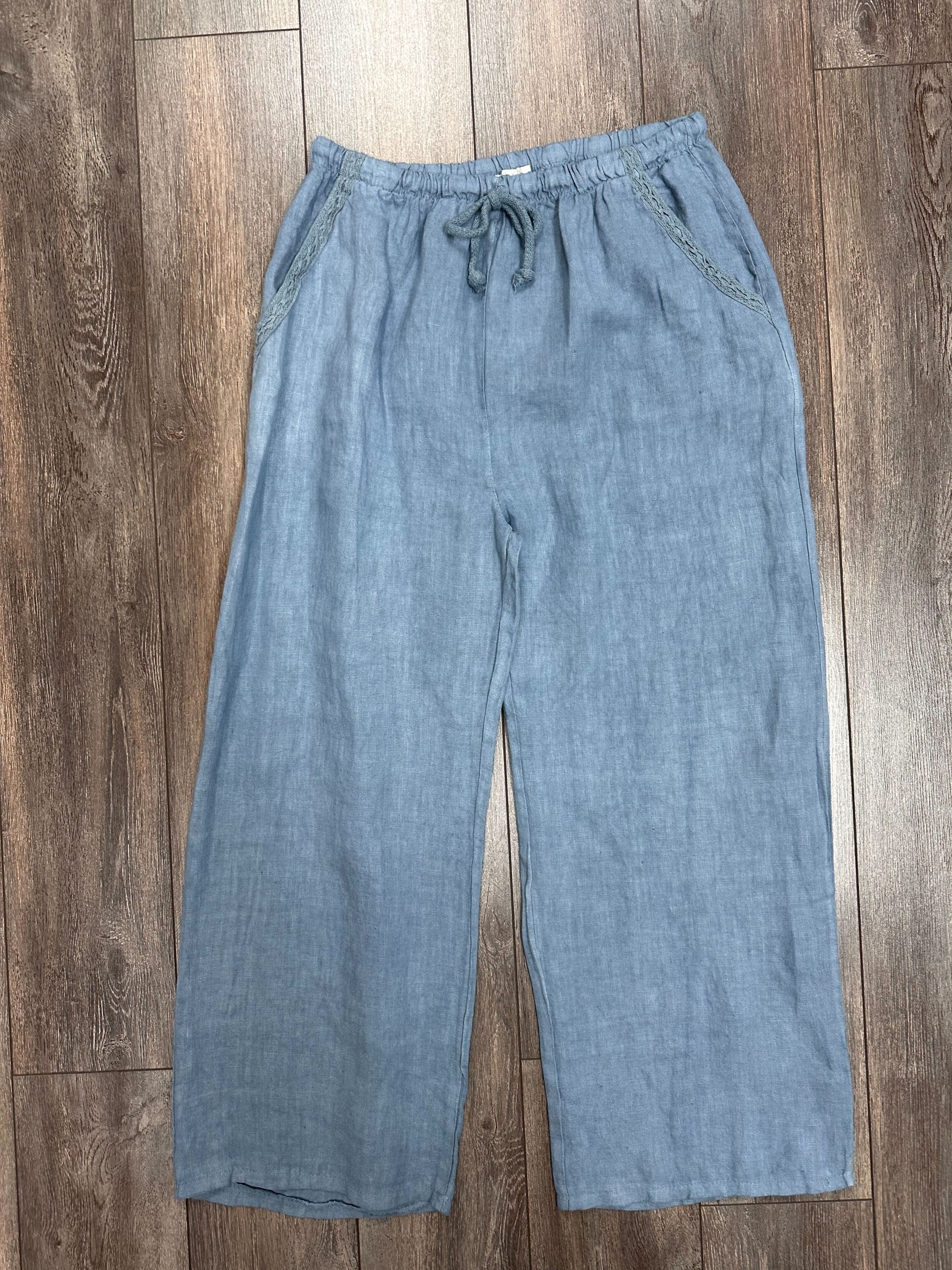 pantalon en lin rebord de poches brodées