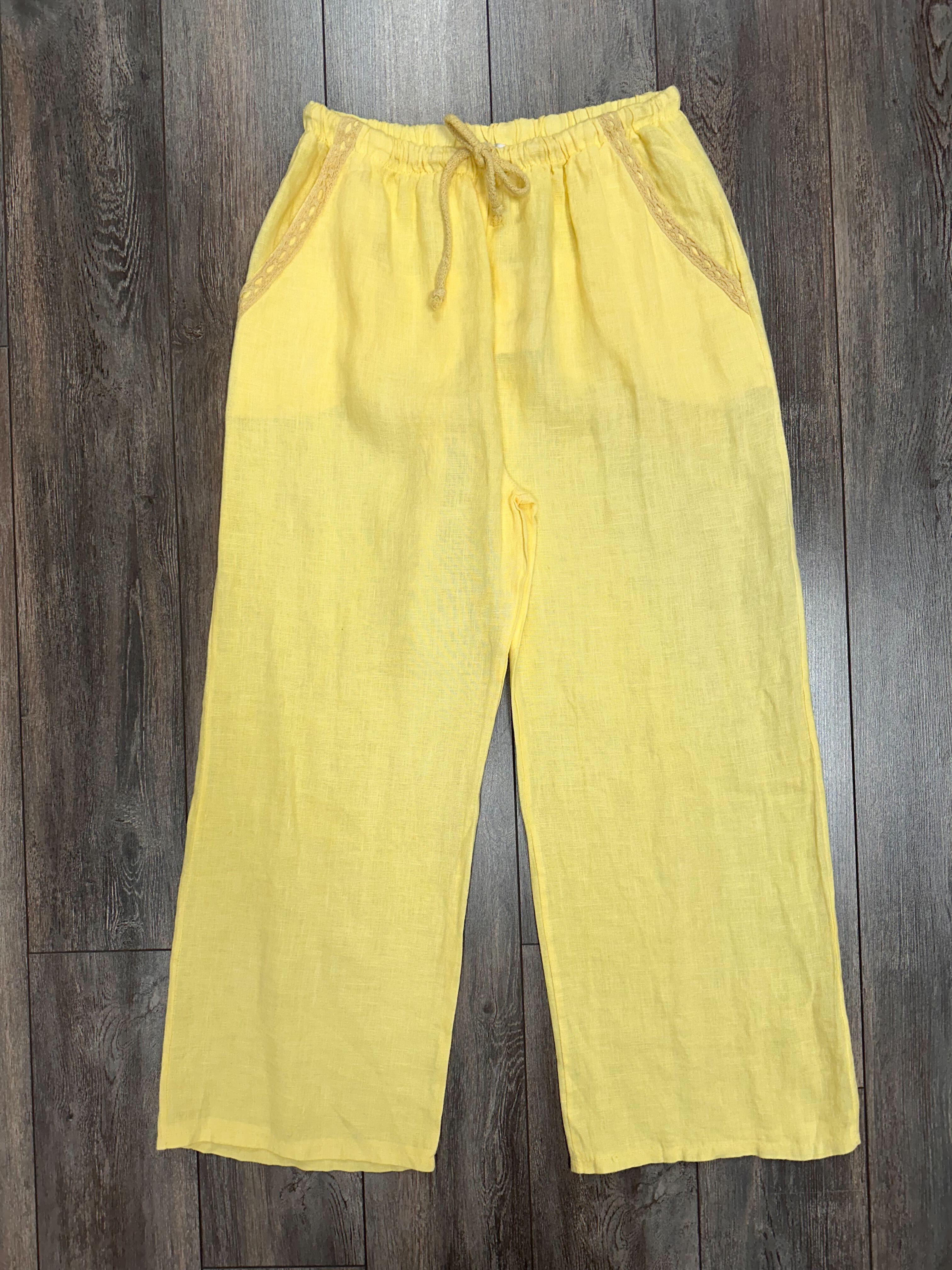 pantalon en lin rebord de poches brodées