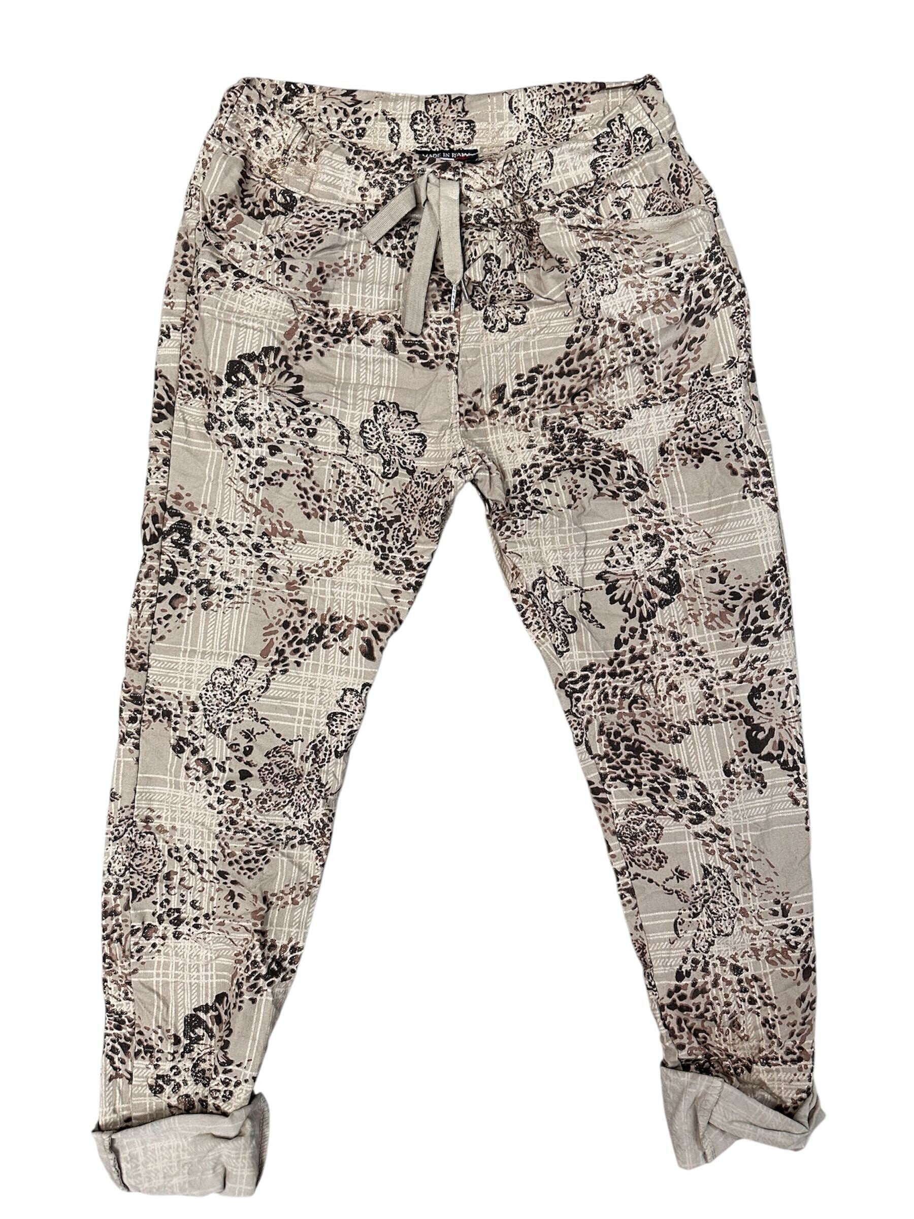 Pantalon à motif carreauté et fleurs
