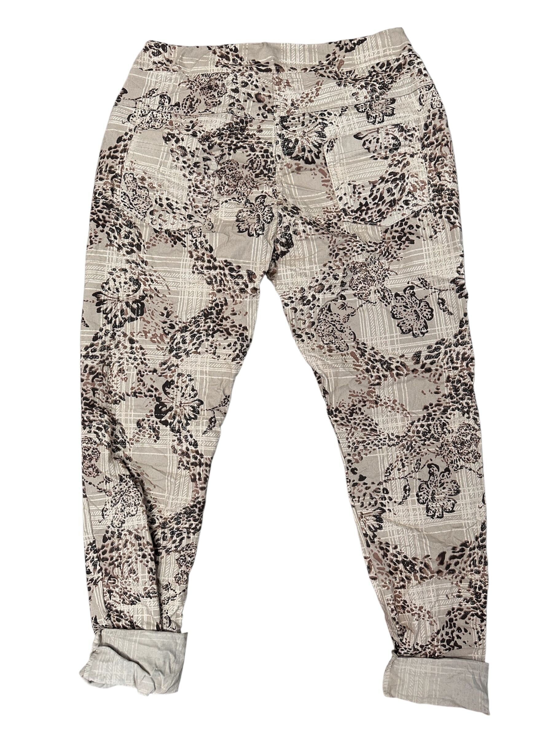 Pantalon à motif carreauté et fleurs