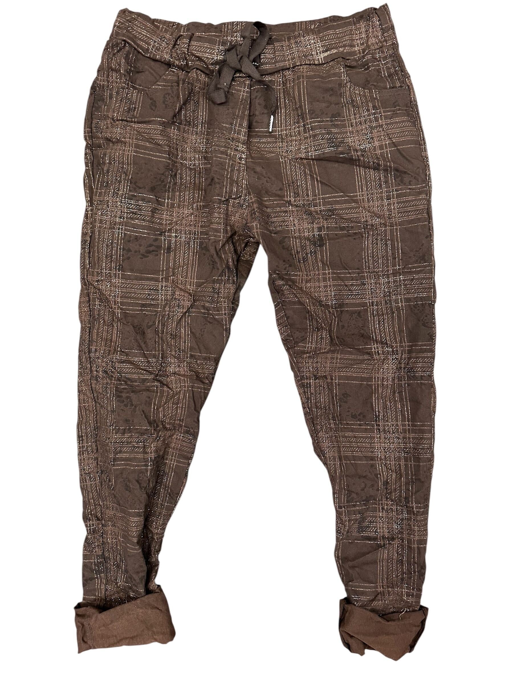 Pantalon à motif carreauté et fleurs