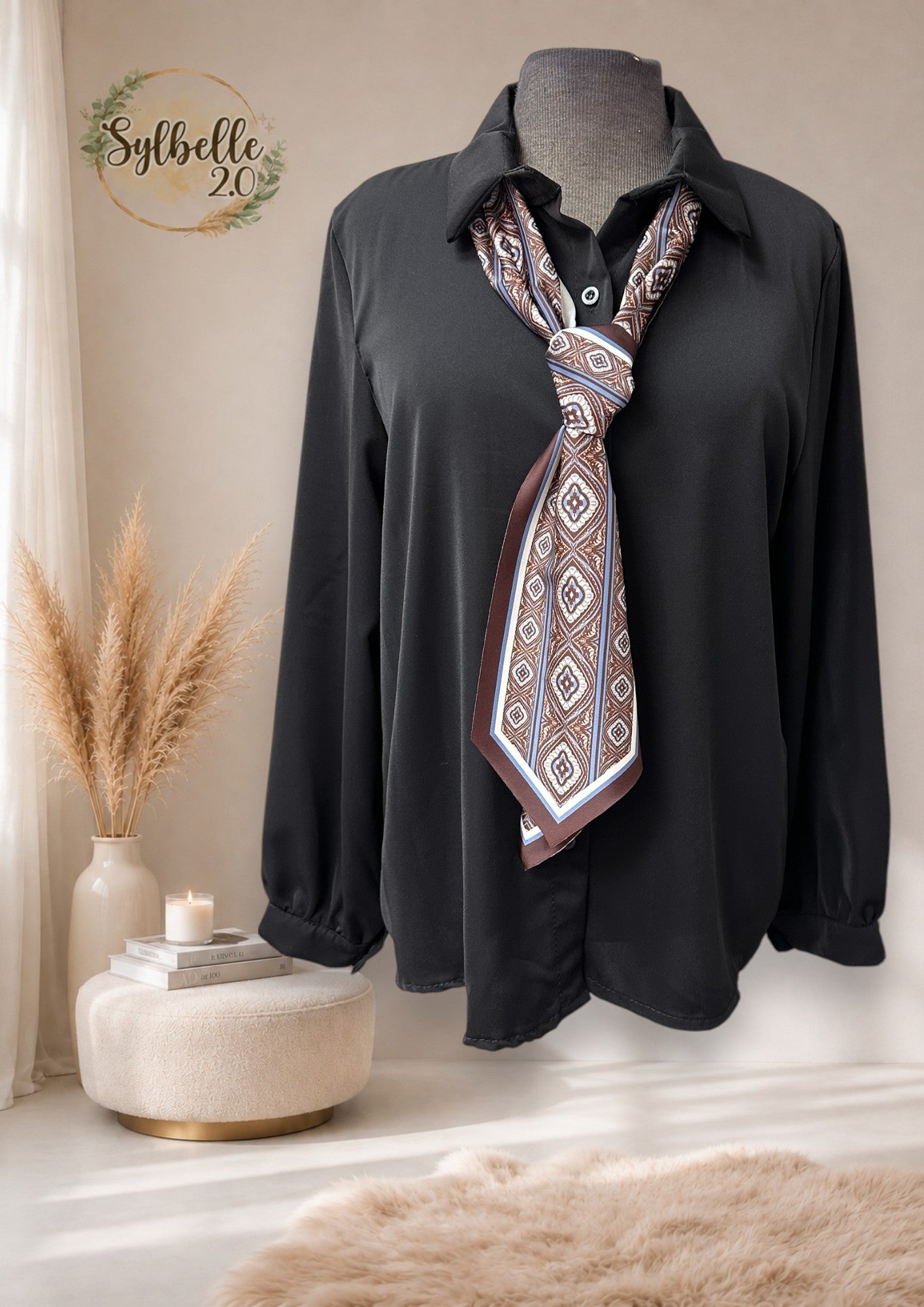 Blouse avec foulard brun et bleu