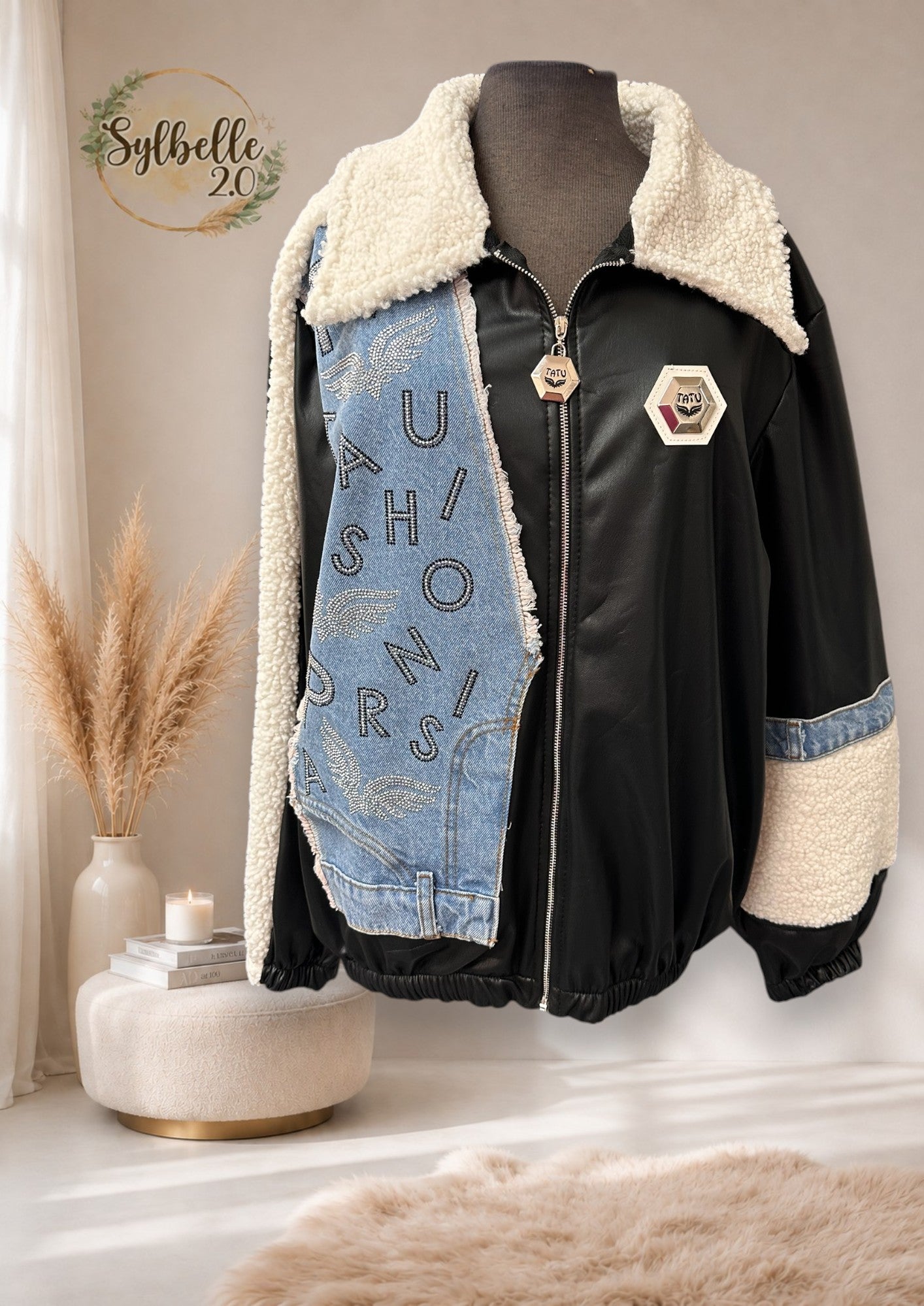 Manteau en faux cuir avec collet en mouton