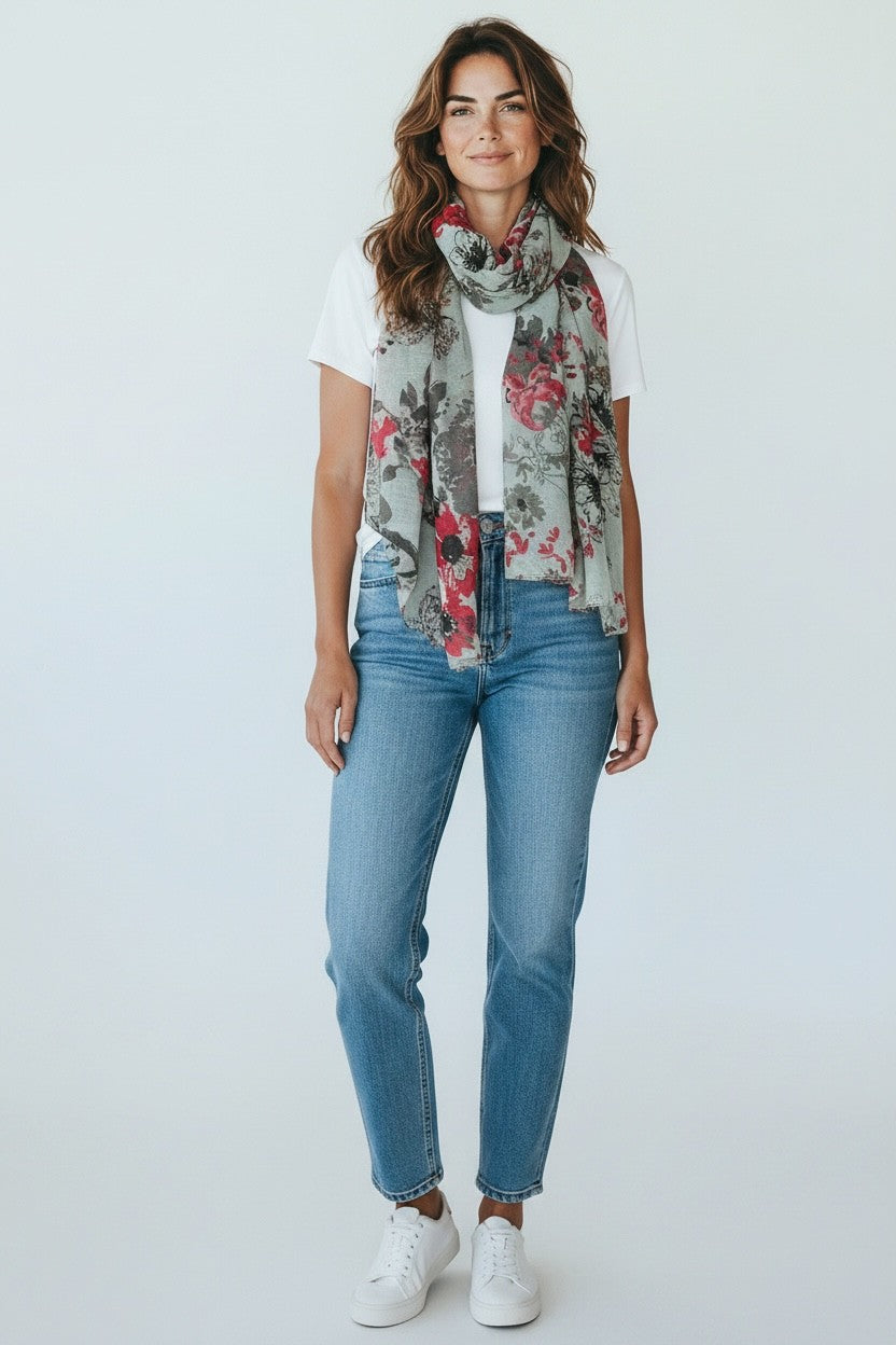 Foulard gris avec fleurs noirs et rouges