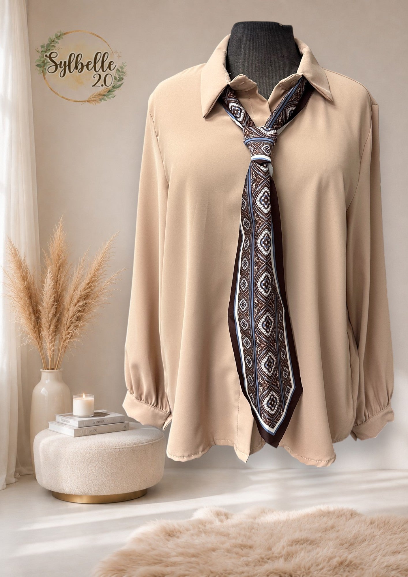 Blouse avec foulard brun et bleu
