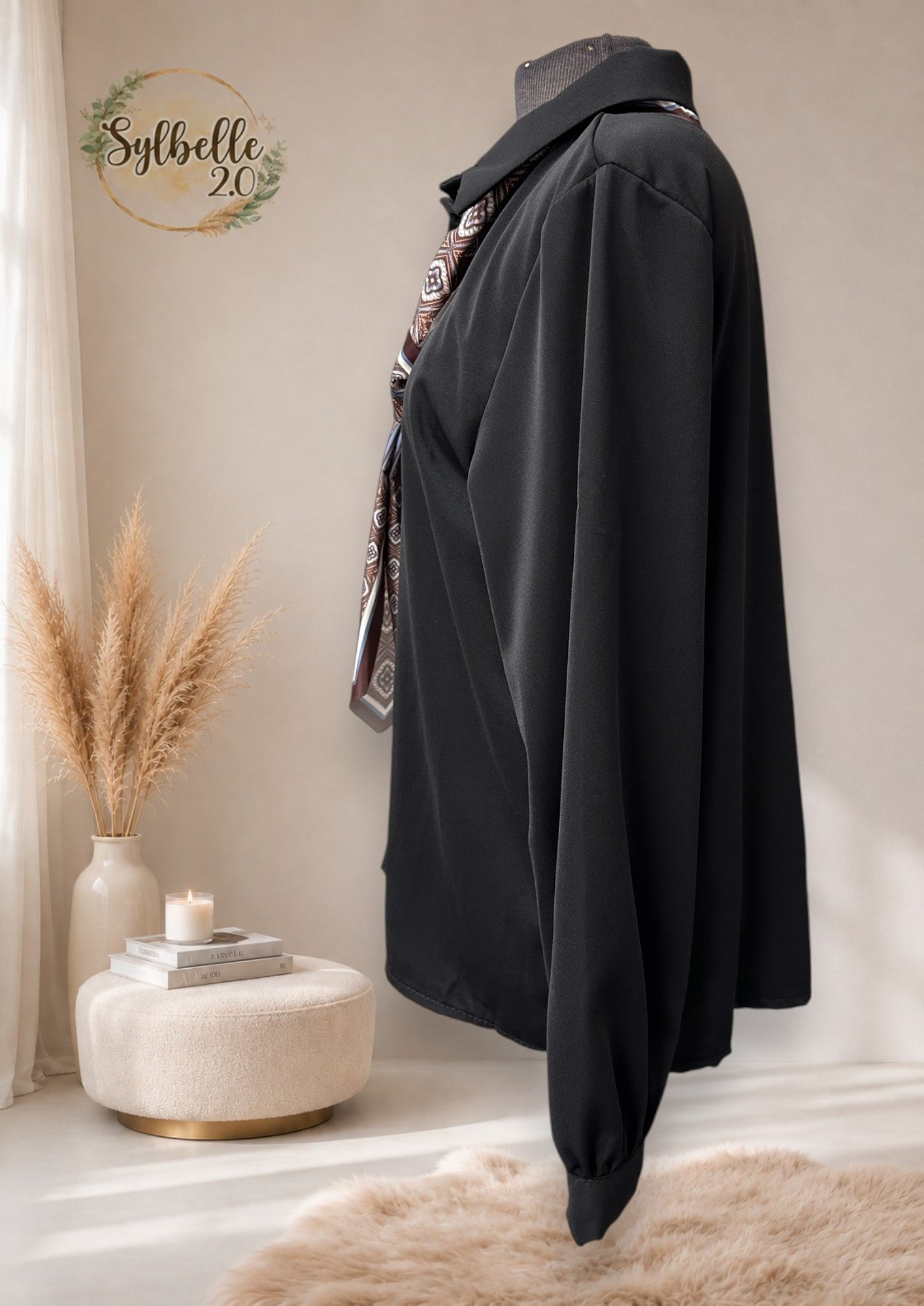 Blouse avec foulard brun et bleu