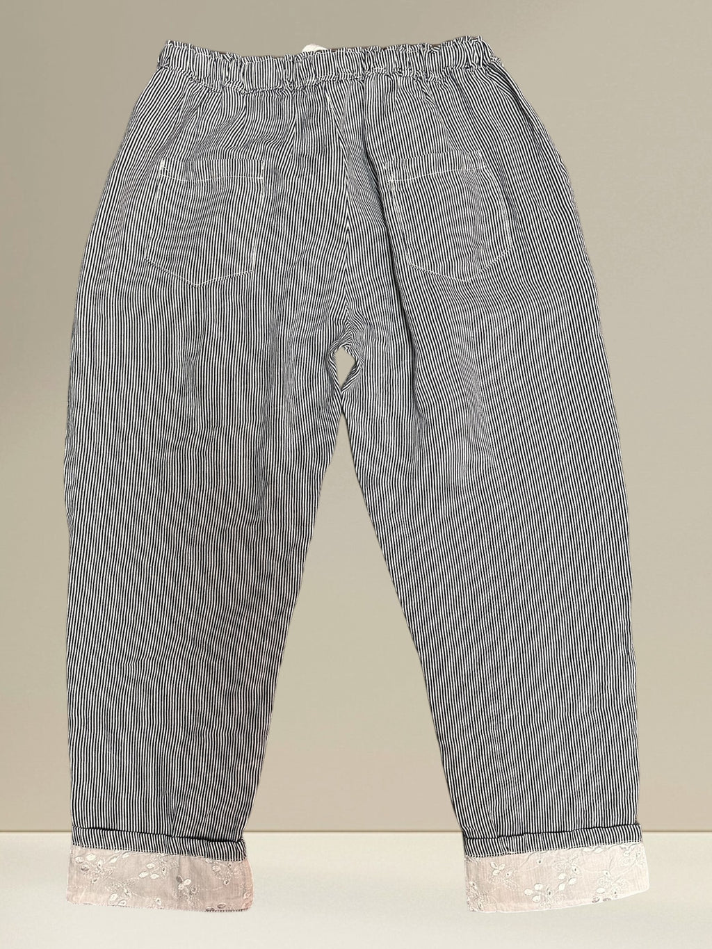 Pantalon rayé en lin (bas en brodrerie)