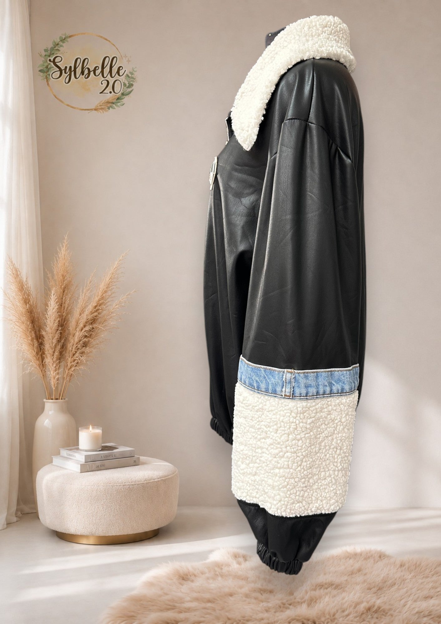 Manteau en faux cuir avec collet en mouton