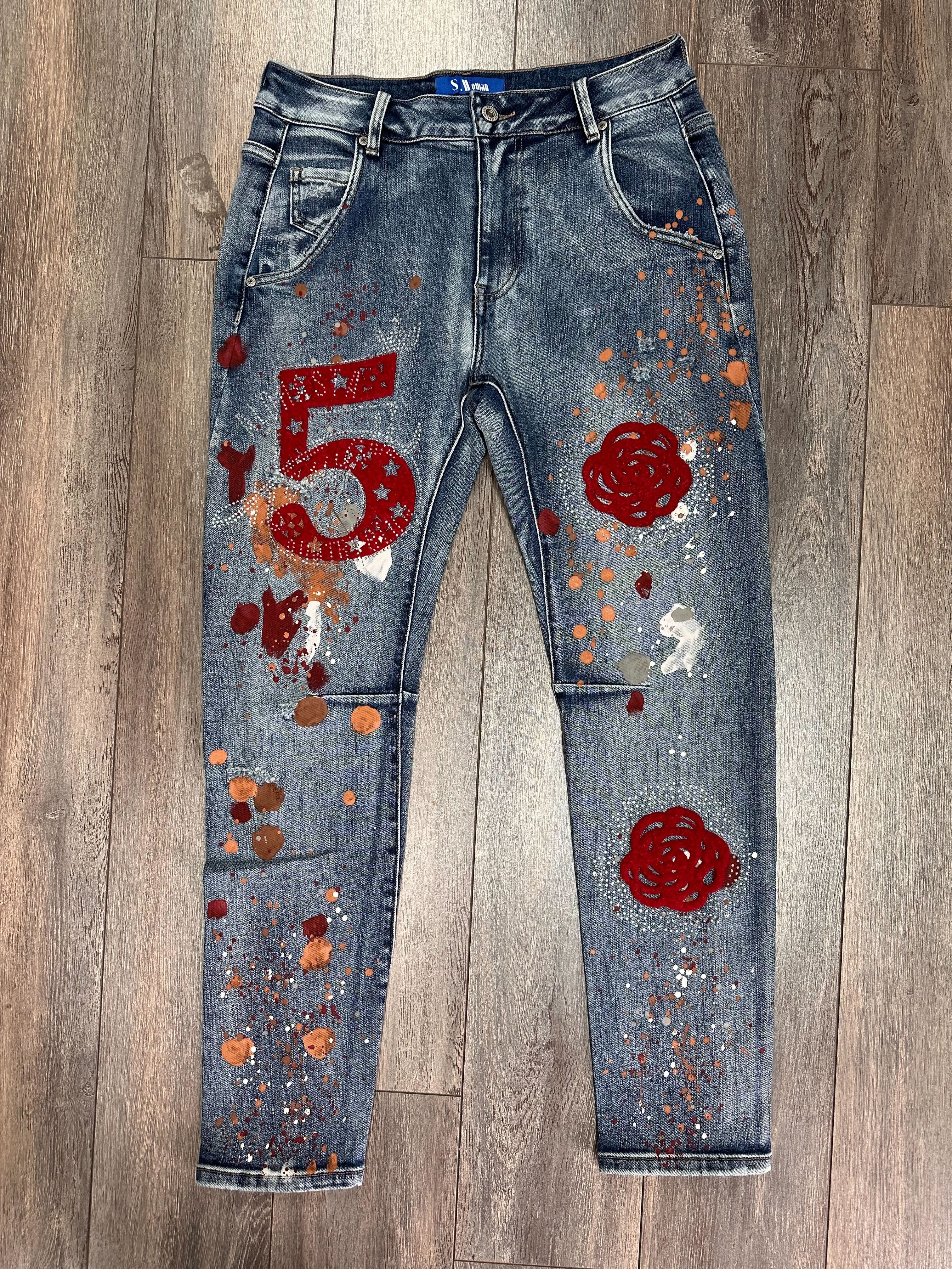 Nouveauté jeans avec fleurs rouges automne/hiver 2024-2025-BOUTIQUE SYLBELLE