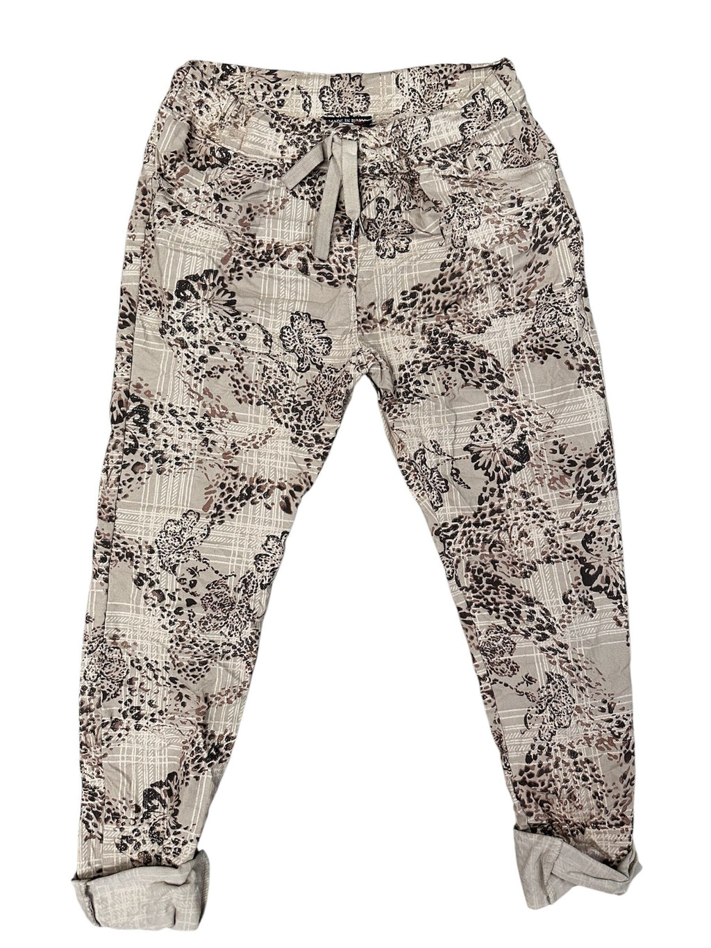 Pantalon à motif carreauté et fleurs