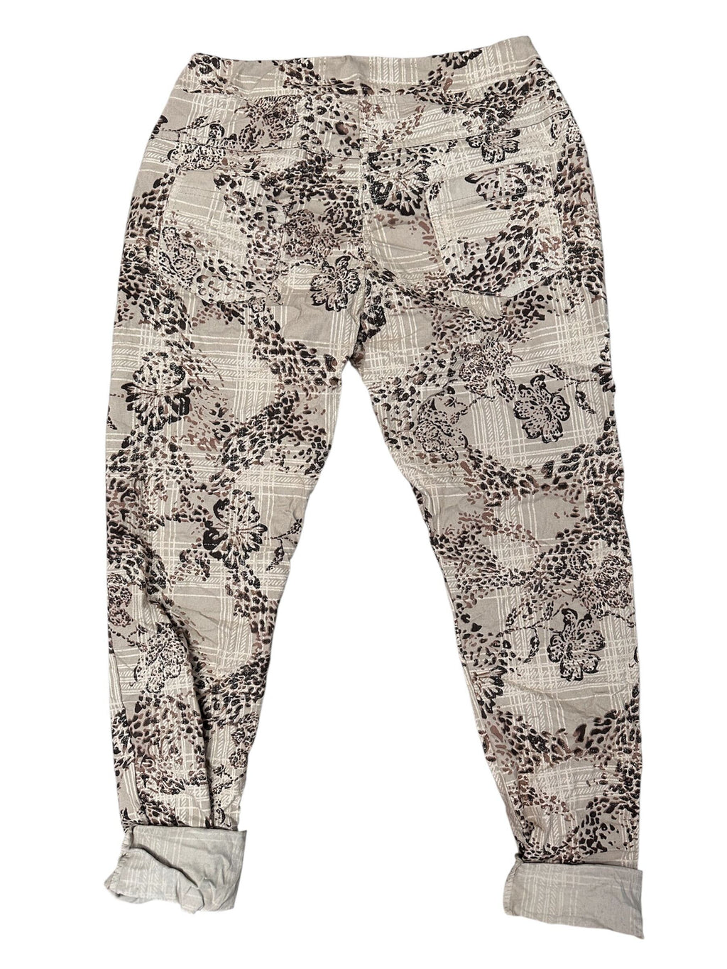 Pantalon à motif carreauté et fleurs