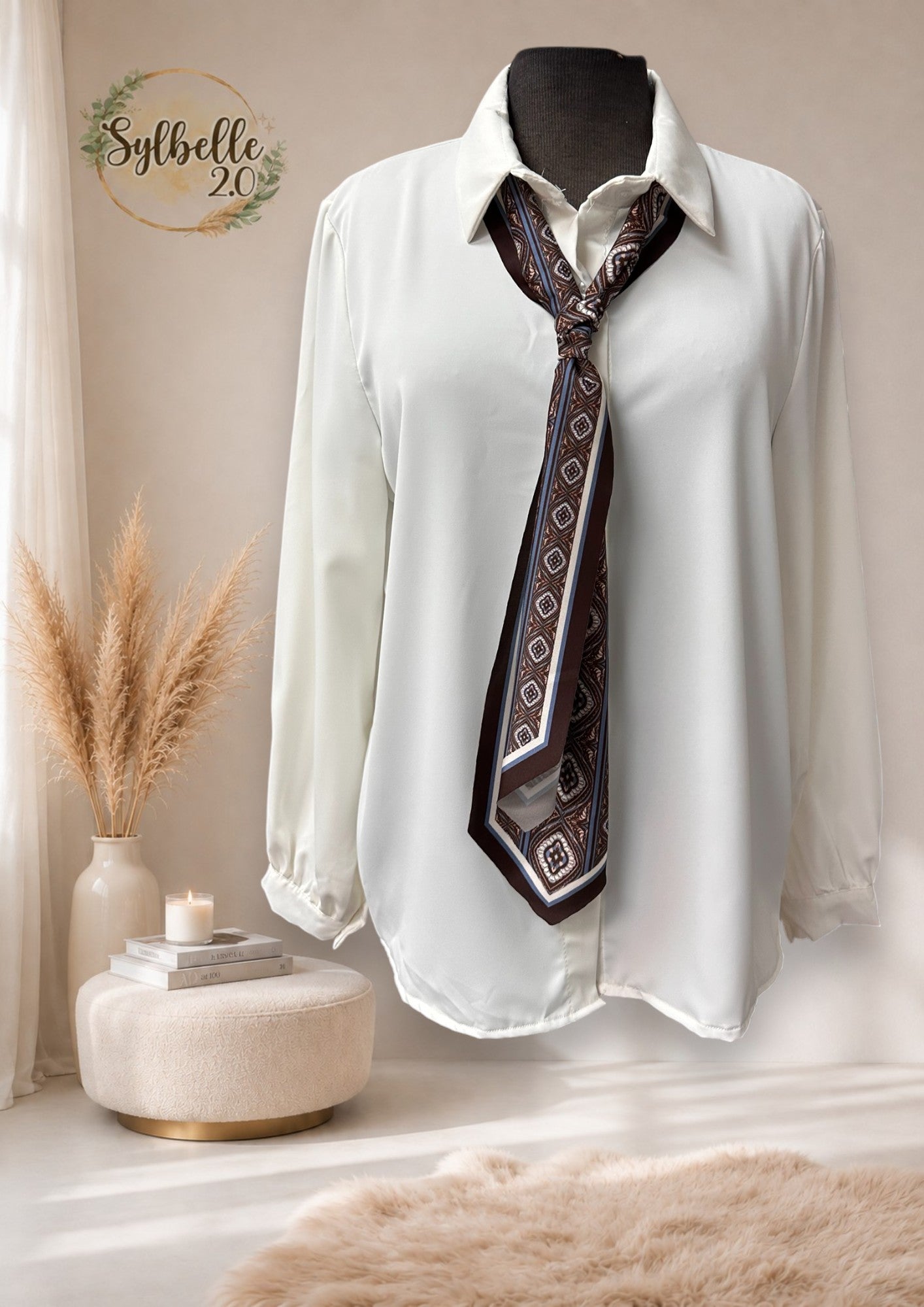 Blouse avec foulard brun et bleu