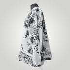 Blouse en lin Boutique Sylbelle à imprimé floral noir et blanc, mélange lin et viscose, manches longues.