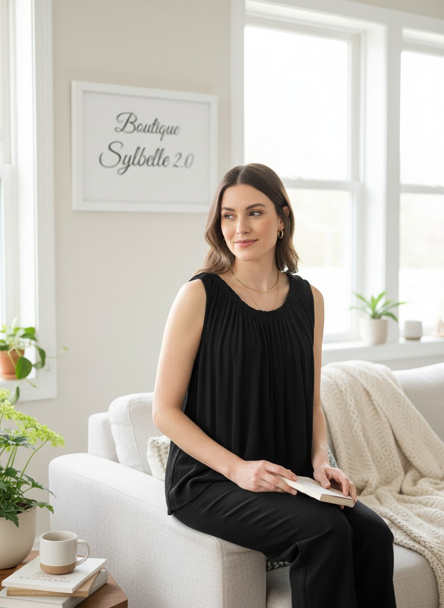 Boutique Sylbelle haut noir sans manches en viscose avec col rond plissé et froncé. Confortable et élégant.
