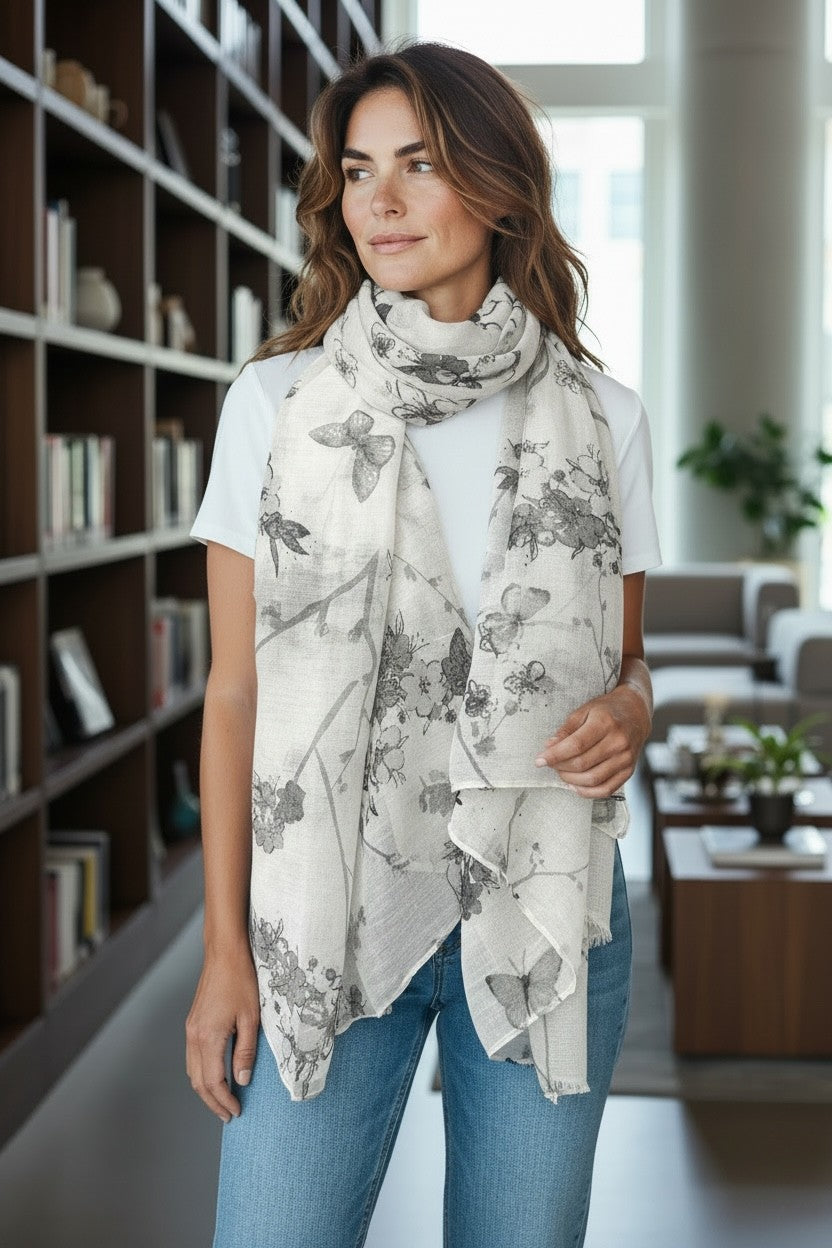 Foulard blanc avec motif fleurs et papillons noirs